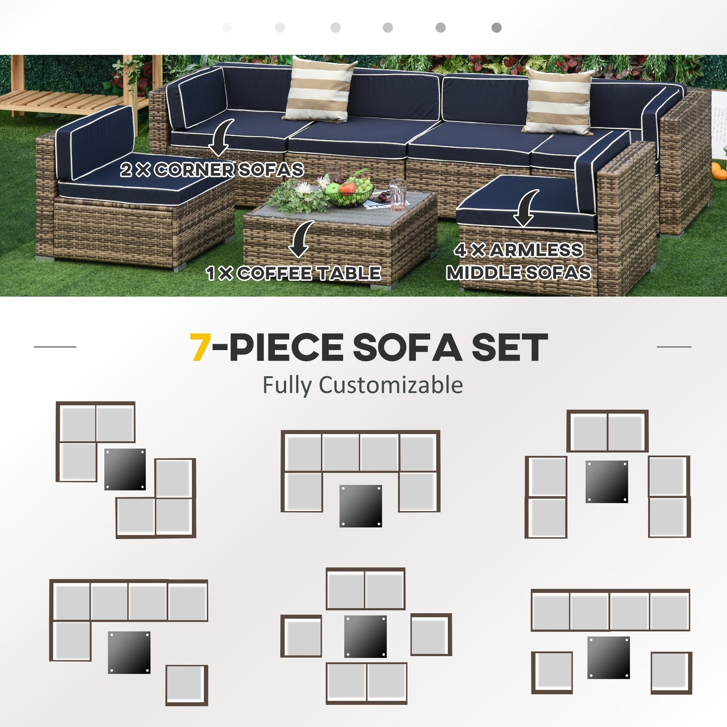 7-Piece Outdoor Wicker Patio Sofa Set, Modern Rattan Conversation Furniture Set with Cushions, Pillows and Tea Table - Blue