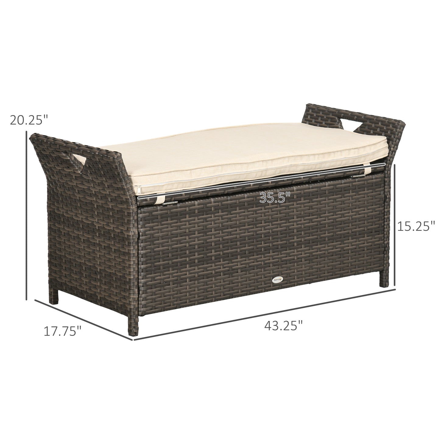 29 Gallon Patio Wicker Storage Bench, Outdoor PE Rattan Patio Furniture, 2-In-1 Large Capacity Rectangle Garden Storage Box With Handles And Cushion, Cream White