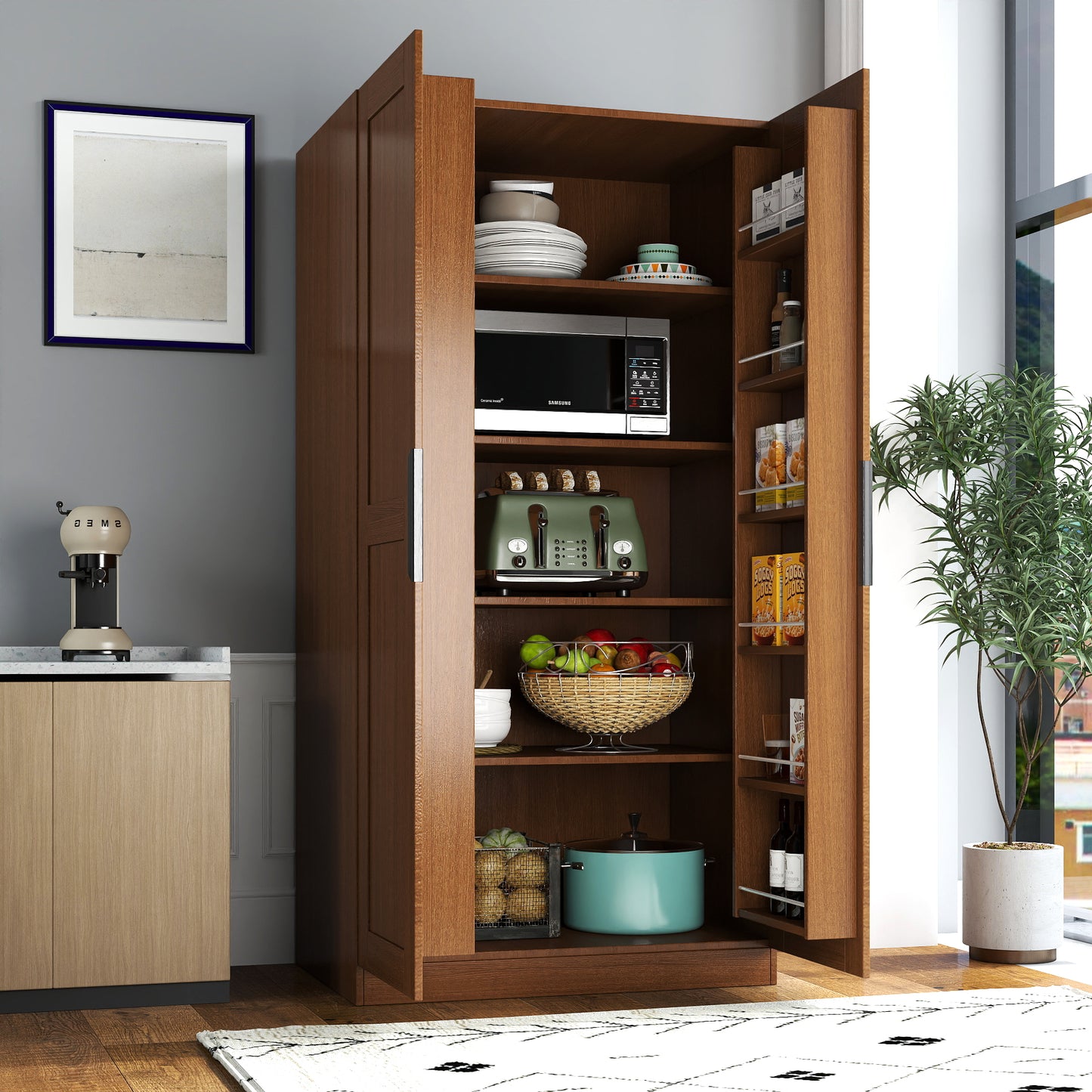 62.99in Kitchen Pantry Cabinet, Walnut  Freestanding Buffet Cupboards Sideboard With Doors &  Shelves, Kitchen Pantry Storage Cabinet For Kitchen, Living Room And Dinning Room