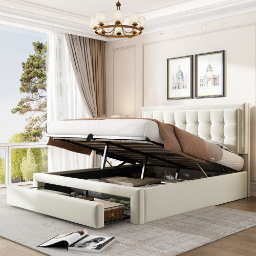Upholstered Bed,Double Bed-4ft6135X190cm, Velvet Fabric, Double Bed, Large Storage Space,With Slats And Headboard,Without Mattress,Cream