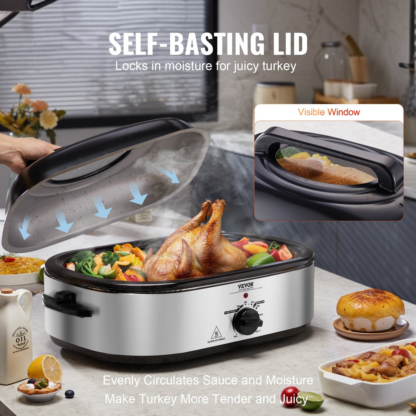 Electric Roaster Oven, 18 QT Turkey Roaster Oven With Self-Basting Lid, 1450W Roaster Oven With Defrost & Warm Function, Adjustable Temperature, Removable Pan & Rack, Fits Turkeys Up To 22LBS