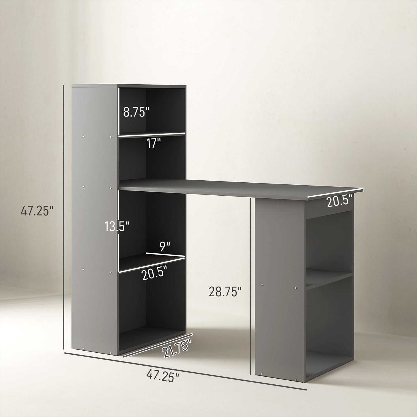 Compact Computer Desk With 6-Tier Storage Shelves, Writing Table Workstation With Bookshelf For Home Office, Gray