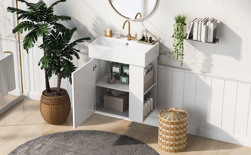 Video 21.6inch Modern Floating Bathroom Vanity With Ceramic Basin - Perfect For Small Bathrooms, Right Side Storage