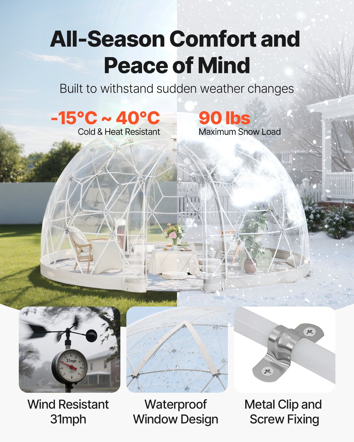 Garden Dome Igloo, 9.5 X 5.7 Ft Outdoor Clear Bubble Tent For 2-4 Person, Weatherproof Geodesic Dome Greenhouse  With Window, PVC Igloo Tent For Backyard Patios Camping Party Wedding