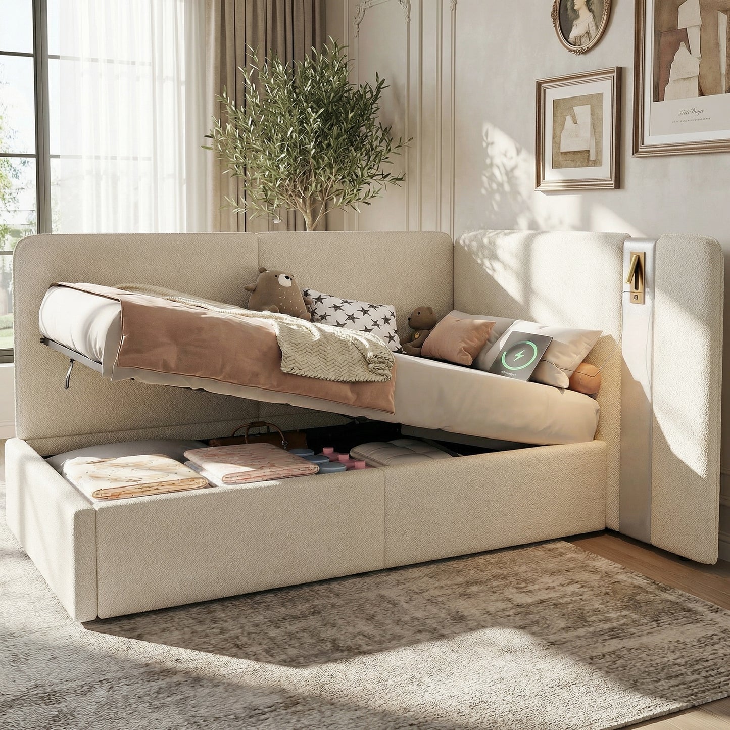 Daybed,  3FT Single Bed 90X190cm, L-shaped Upholstered With Storage, Sofa Bed, Hydraulic Bed With USB Charging Port And Reading Lamp, Beige Boucl