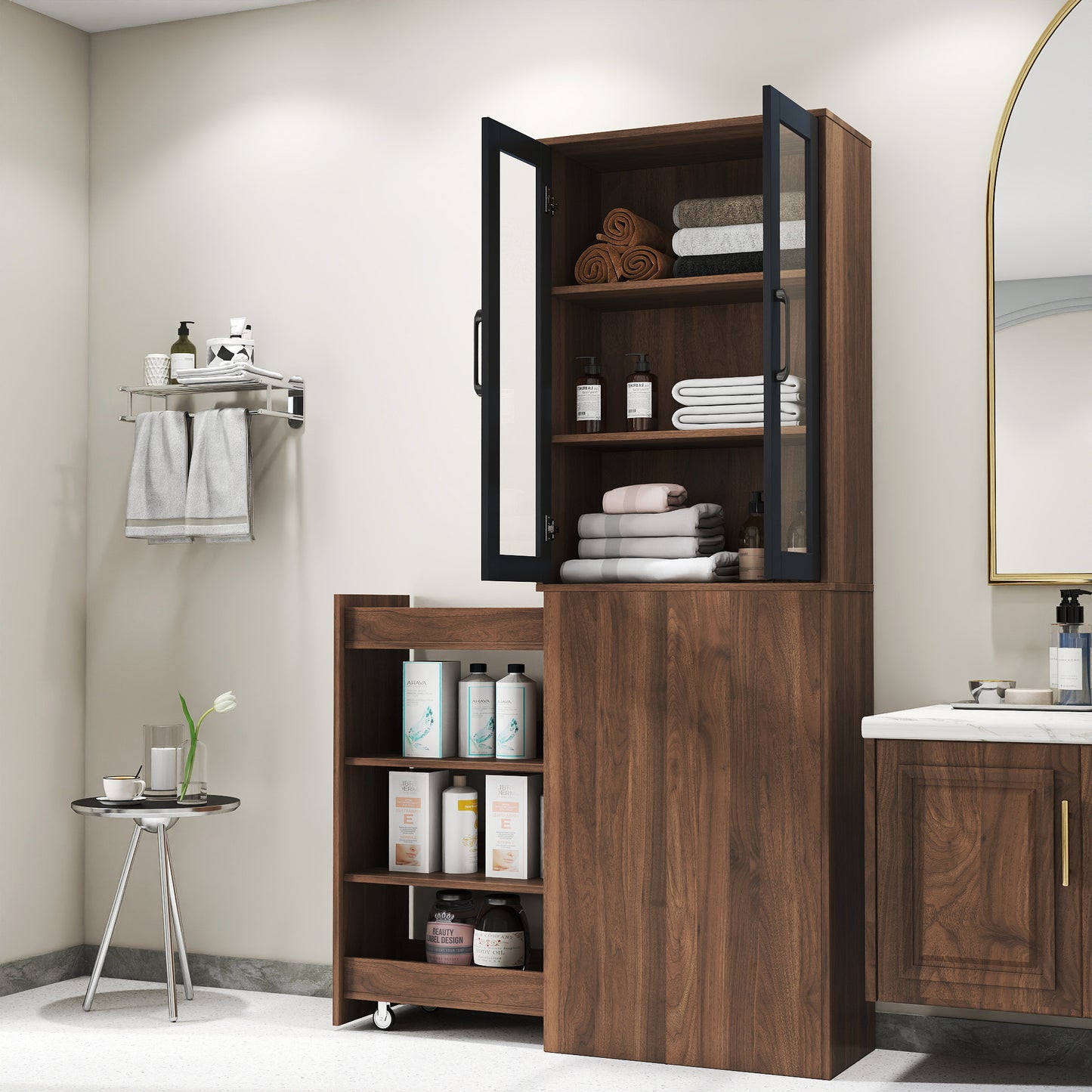 70.87 H Display Storage  Cabinet , 4 Tier Multi-functional Pull-out Multi-tier Storage Shelf & 2 Glass Doors, Modern Wooden  Kitchen Pantry Cabinet For Living Room Or Kitchen And Dinning Room