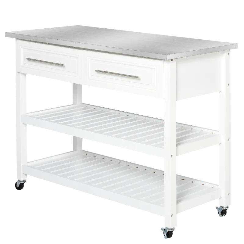 Kitchen Island With Stainless Steel Top, Traditional Kitchen Island With Storage, Butcher Block Cart 2-Tier Open Shelves, Drawers, White