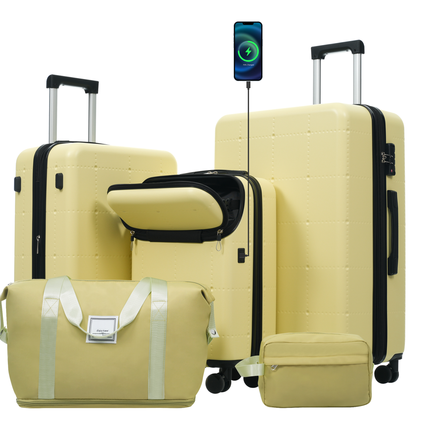 Hardside Luggage Set 5 Piece With Bags,20IN Half-opening Carry On Luggage With USB Port, Expandable 24IN 28IN Luggage With Double Spinner Wheels TSA Lock