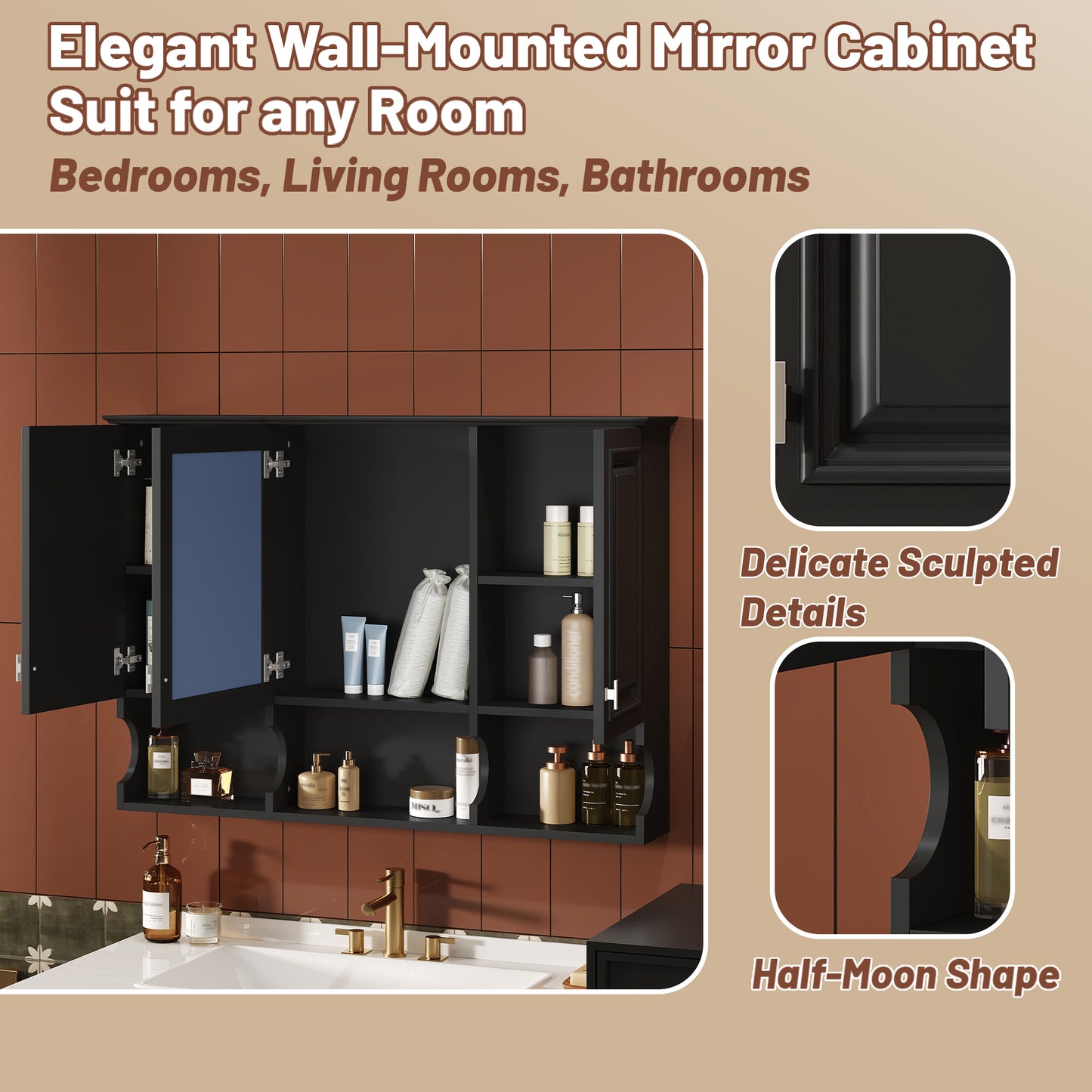 41 Inch Mirror Medicine Cabinet With Open Shelves, Wall Mounted Home Storage With Doors & Mirror, Adjustable Shelf, Bathroom Storage Cabinet Over Toilet