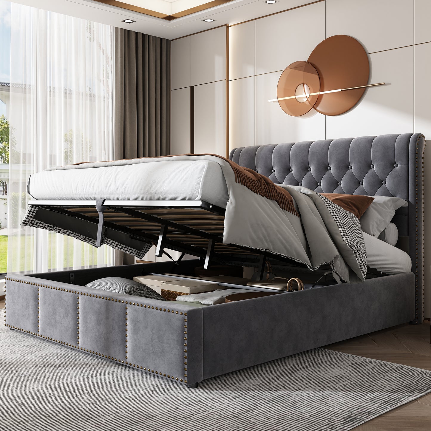 Upholstered Bed,Double Bed-4ft6 135x190cm,with Upholstered Bench 135 X 41 X 42 Cm, With Hydraulic Lever, Functional Storage Bed, Rivet Decoration,Velvet,Grey