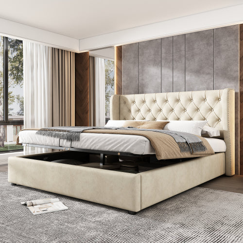 Upholstered Bed, With Hydraulic Lever, Functional Bed From Storage, 135 X 190 Cm, Without Mattress, Velvet, Beige