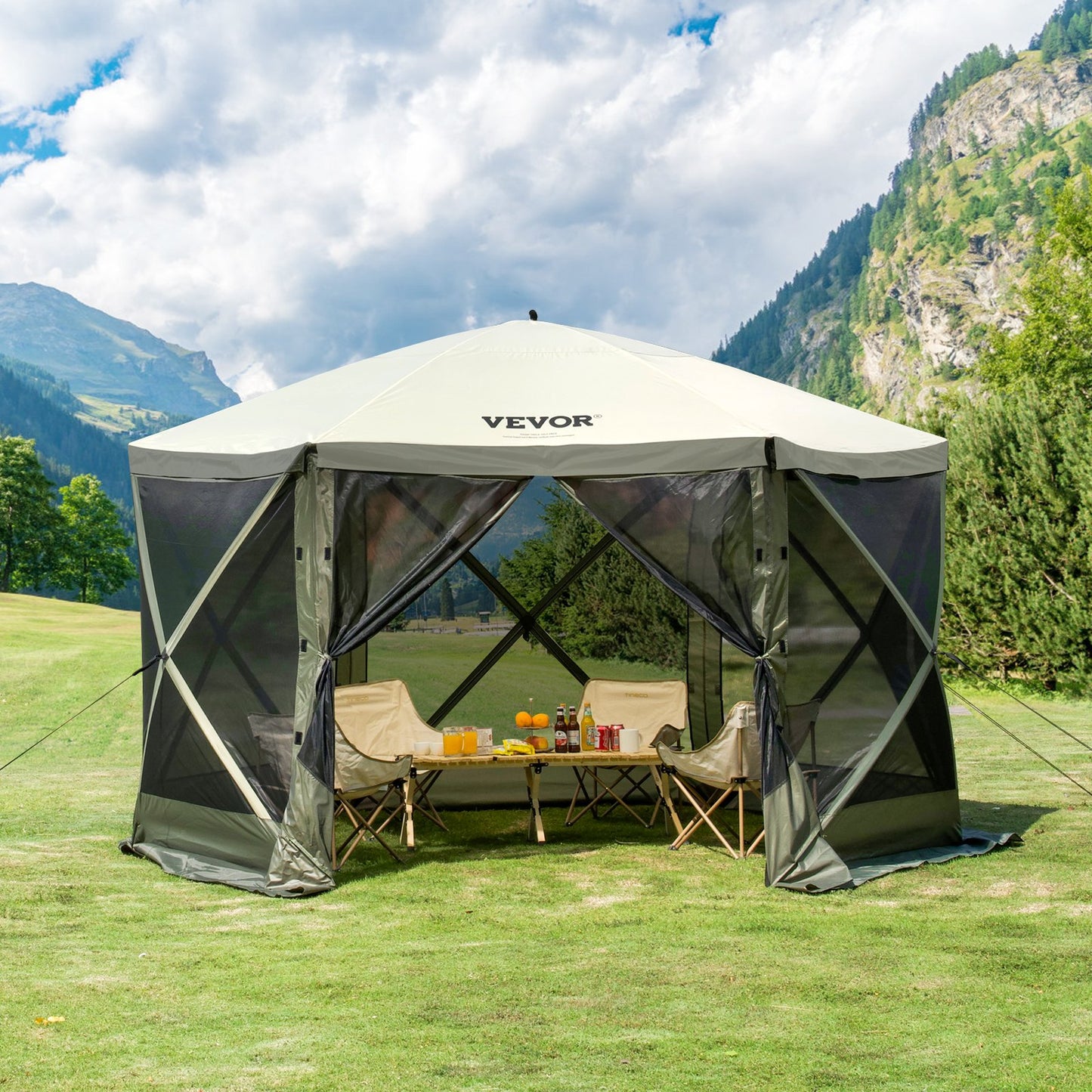 Pop Up Gazebo Tent, Pop-Up Screen Tent 6 Sided Canopy Sun Shelter With 6 Removable Privacy Wind Cloths & Mesh Windows, 12x12FT Quick Set Screen Tent With Mosquito Netting, Army Green