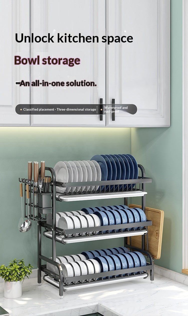 Self-pickup Only- Three Layers Of Black Kitchen Shelf, Dish Rack, Bowl And Plate Storage Rack, Draining Rack, Household Multi-functional Bowl And Chopsticks Storage Shelf--Color  Black