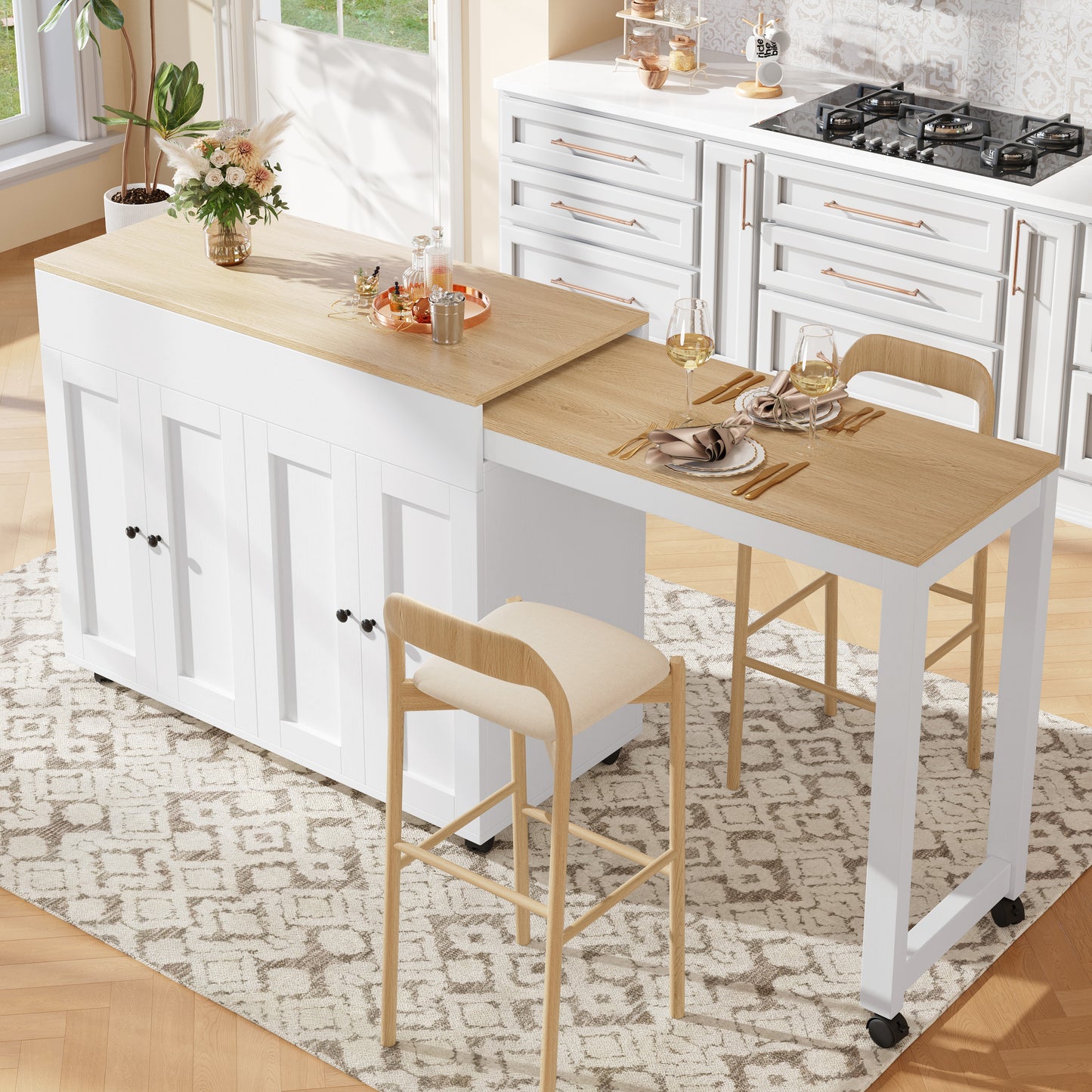 Modern Extendable Bar Table 118-180x50x94cm, Extendable Dining Table With Storage, With Six Shelves, Standing Table Bistro Table, For Dining Room, Use As Living Room Room Divider, White Gray