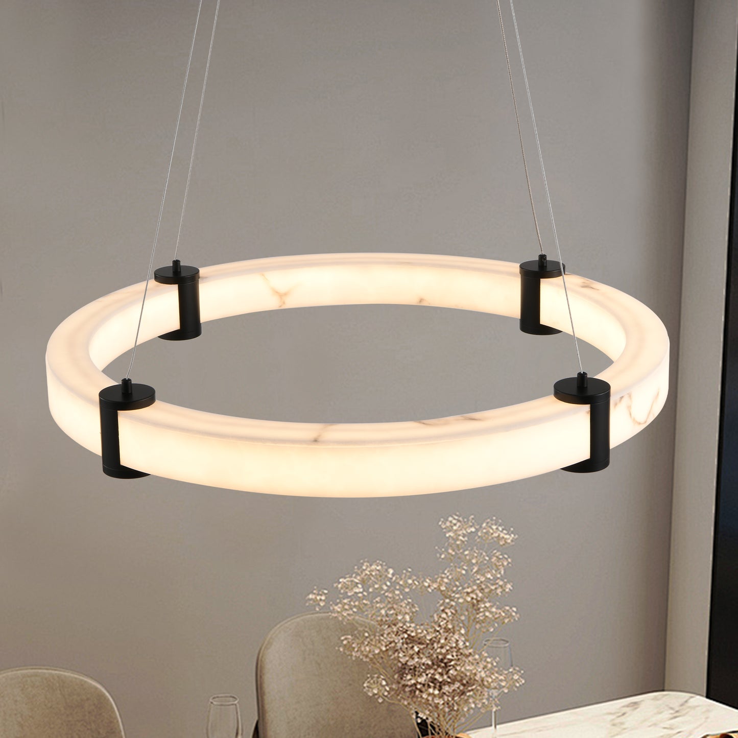 Modern LED Pendant Light, 24-Inch Round Hanging Chandelier With Adjustable Height, Marble Finish Resin Ring Ceiling Light For Dining Room, Kitchen Island, Living Room