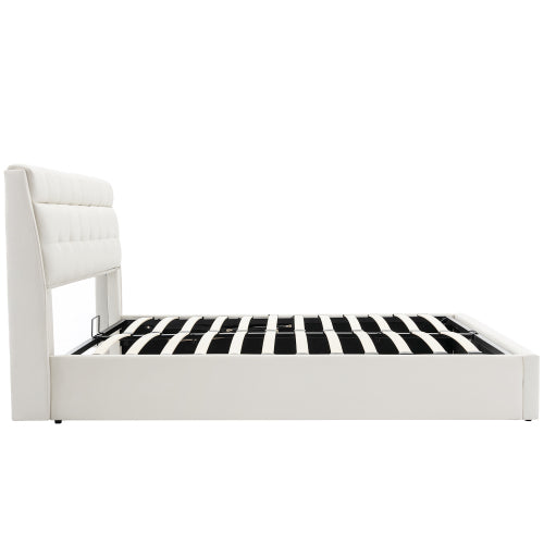 Fashion Upholstered Bed,150x200  5ft, King Bed,Hydraulic Bed,Concealed Headboard Storage,Bed Box Storage,PU,With Slats And Headboard,Without Mattress,Cream White