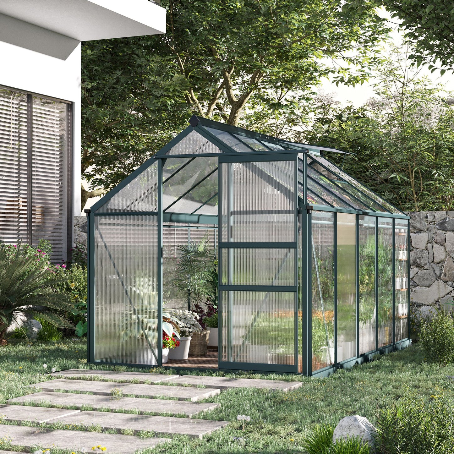 6' x 10' Greenhouse for Outdoors, Polycarbonate Greenhouse with Rain Gutter and Roof Vent, Aluminum Walk-in Green Houses for Outside for Patio Backyard Garden, Dark Green
