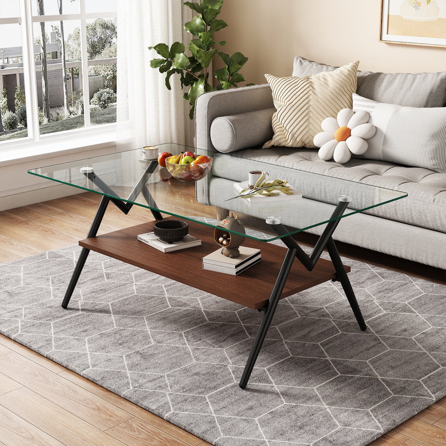 Coffee Table And End Tables Set Of 3, Tempered Glass Table With MDF Layer, Modern Tables For Living Room , Transparent Glass