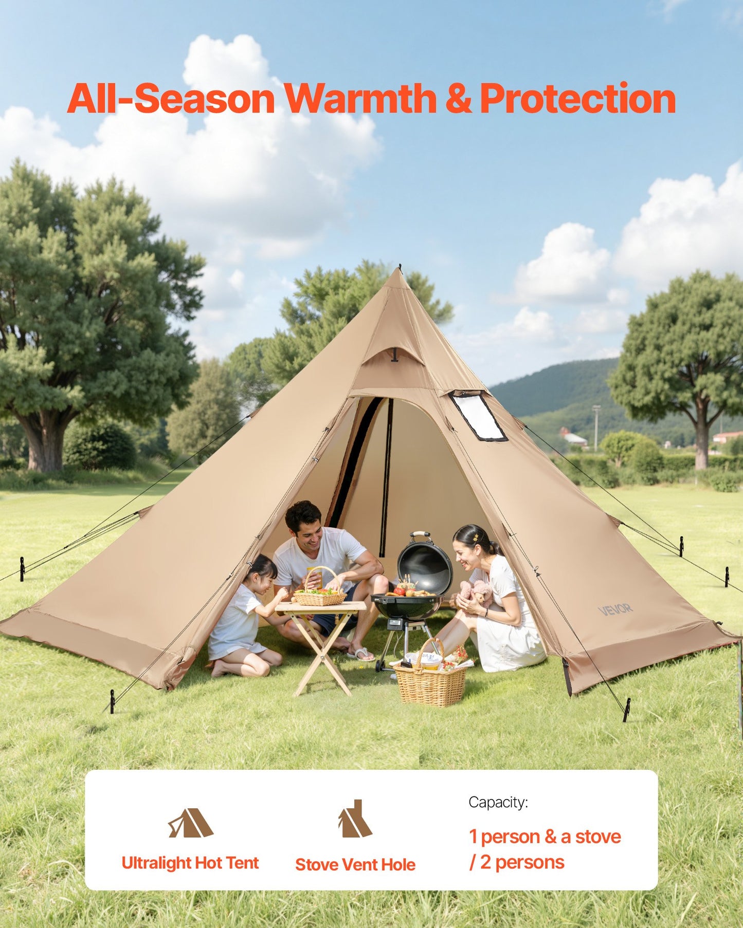 Hot Tent For 4 Persons, Portable Winter Tipi Tent With Stove Jack, Waterproof Canvas Camping Tents,  Lightweight 4 Season Shelter Tents For Hiking Fishing Backpacking, M Size
