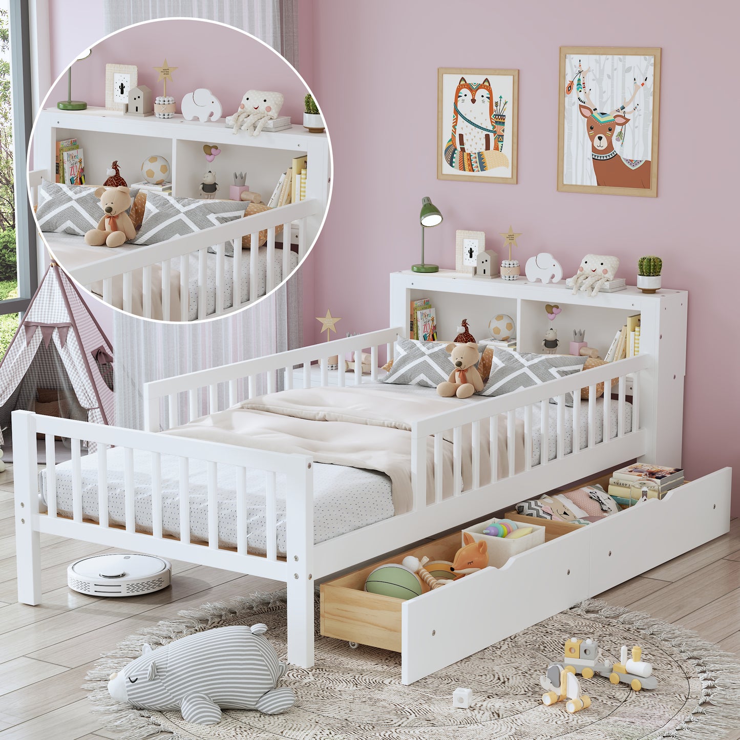 Twin Size Bed With Headboard Storage Rack, Two Under-Bed Drawers, Three-Side Guardrails For Safety And Security,White