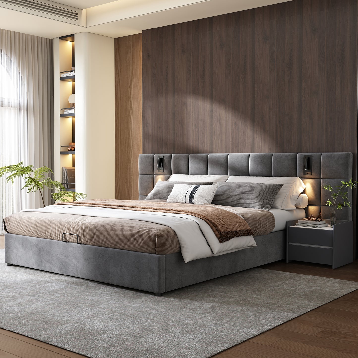 Upholstered Bed, Double Bed-4ft6  135x190cm, Hydraulic Storage Bed With Directional Lamp And USB Charging, Wide Headboard, Without Bedside Tables And Mattress, Velvet, Grey