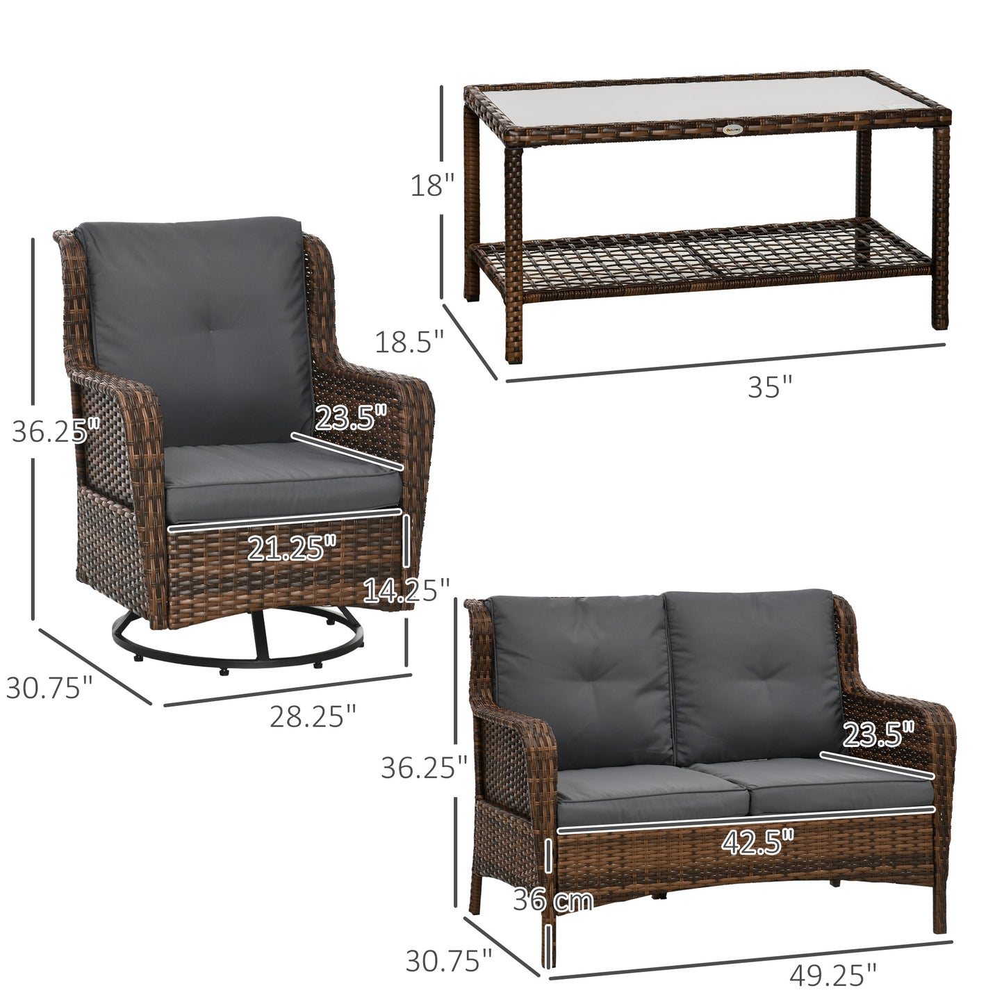 4 Piece PE Rattan Outdoor Patio Furniture Set, Wicker Conversation Set with 2 Swivel Glider Chairs, 2-Tier Glass Table and Loveseat for Garden, Patio, Poolside, Gray
