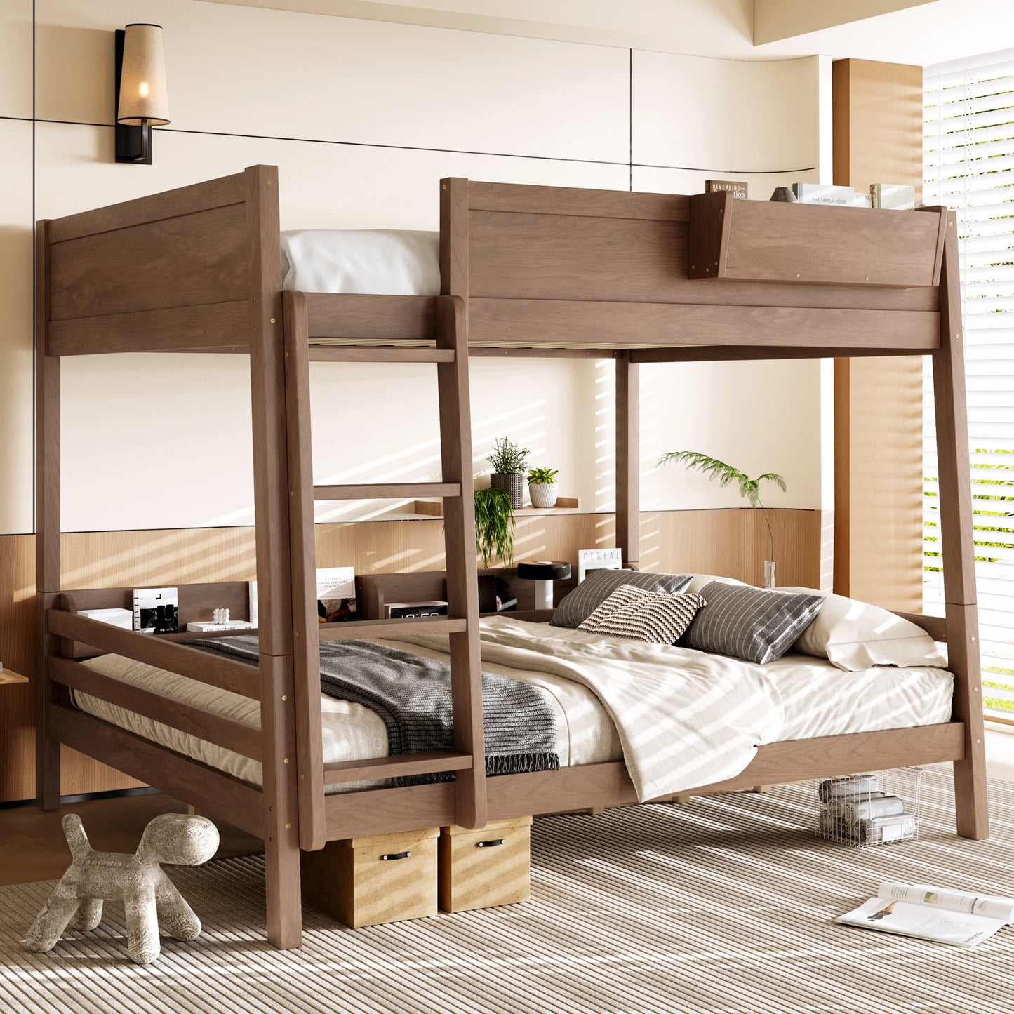 Queen Bunk Bed With  Storage Shelf And Bookshelf,Wood Bunk Bed With Ladder And Guardrails,Detachable Design,Vintage Wood.
