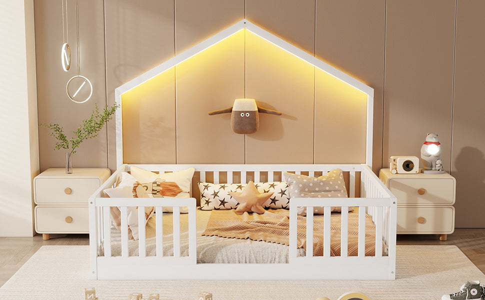 Full Floor Bed With High Rails, Wooden Montessori Bed With Light For Kids, Boys And Girls, WhiteExpect Arrival Date 2026 3 16
