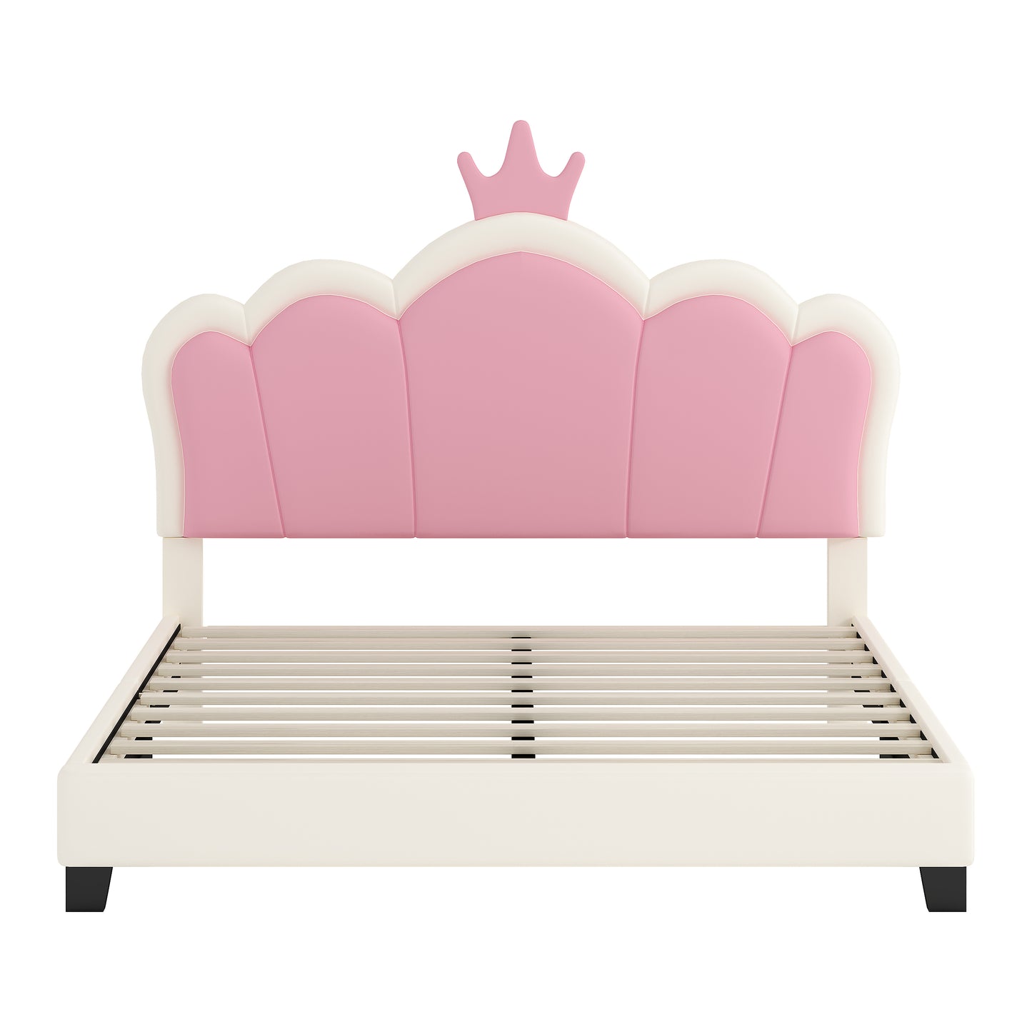 Full Size Upholstered Princess Bed With Crown Headboard,Full Size Platform Bed With Headboard And Footboard, Cream Pink