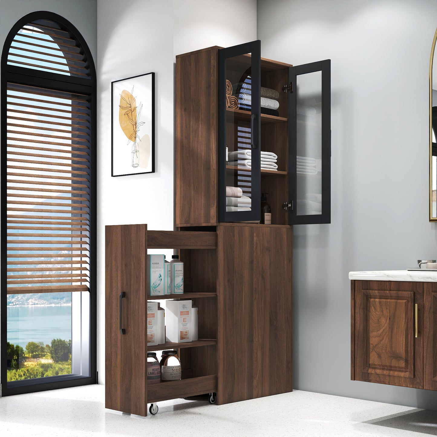 70.87 H Display Storage  Cabinet , 4 Tier Multi-functional Pull-out Multi-tier Storage Shelf & 2 Glass Doors, Modern Wooden  Kitchen Pantry Cabinet For Living Room Or Kitchen And Dinning Room