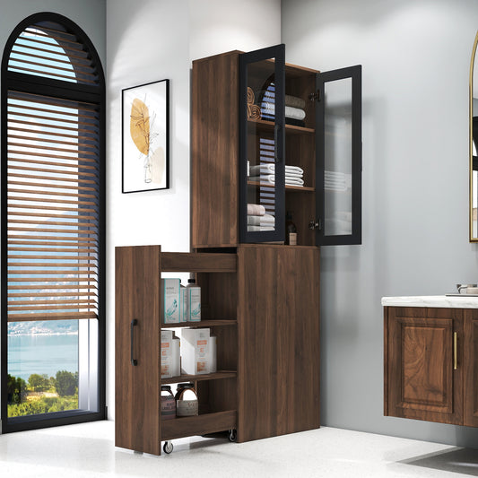 70.87 H Display Storage  Cabinet , 4 Tier Multi-functional Pull-out Multi-tier Storage Shelf & 2 Glass Doors, Modern Wooden  Kitchen Pantry Cabinet For Living Room Or Kitchen And Dinning Room