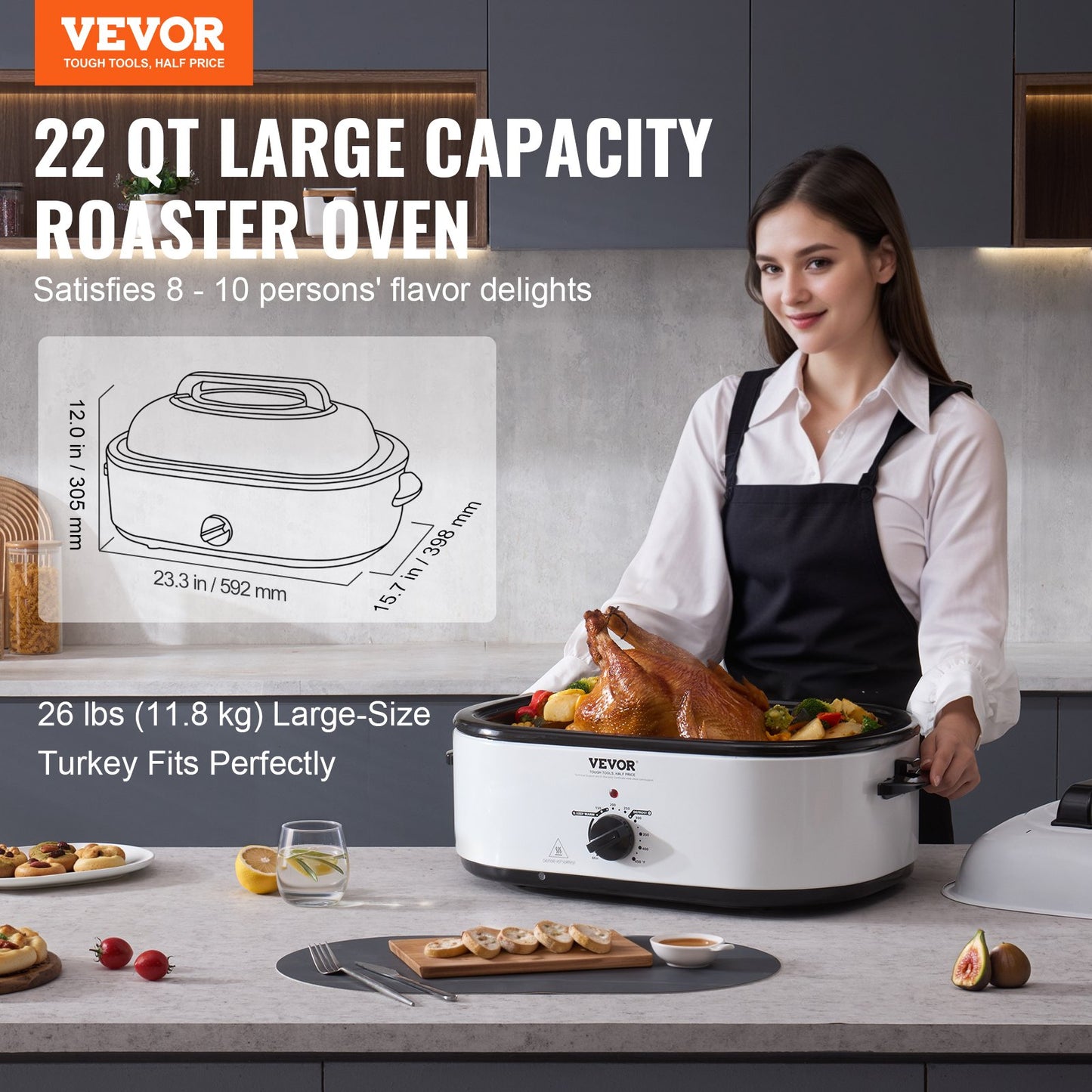 Electric Roaster Oven, 22 QT Turkey Roaster Oven With Self-Basting Lid, 1450W Roaster Oven With Defrost & Warm Function, Adjustable Temp, Removable Pan & Rack, Fits Turkeys Up To 26LBS, White