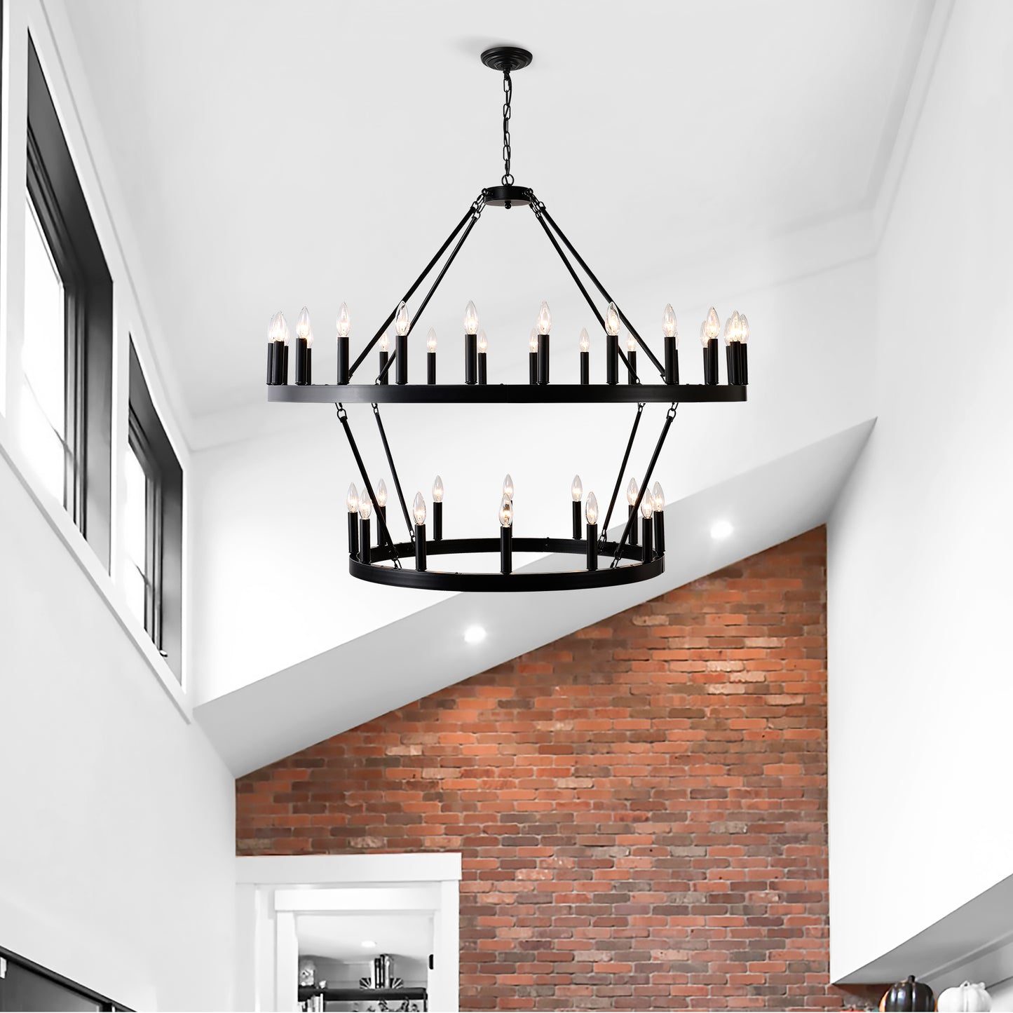 2 Tiers Wagon Wheel Chandelier Wooden Farmhouse 36-Light Black Metal Chandeliers 2-Story Light Fixtures Industrial For High Ceiling Living Dining Room Foyer. Adjustable Height