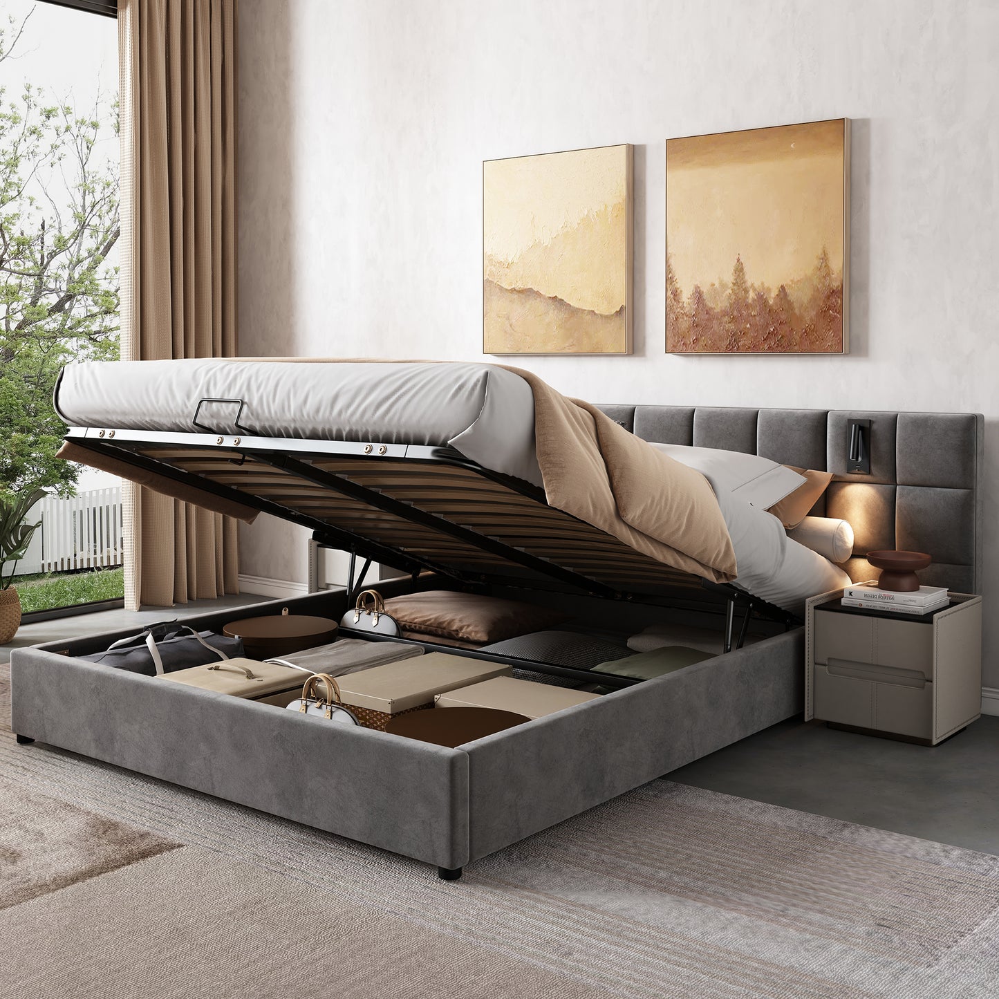 Upholstered Bed, Double Bed-4ft6  135x190cm, Hydraulic Storage Bed With Directional Lamp And USB Charging, Wide Headboard, Without Bedside Tables And Mattress, Velvet, Grey