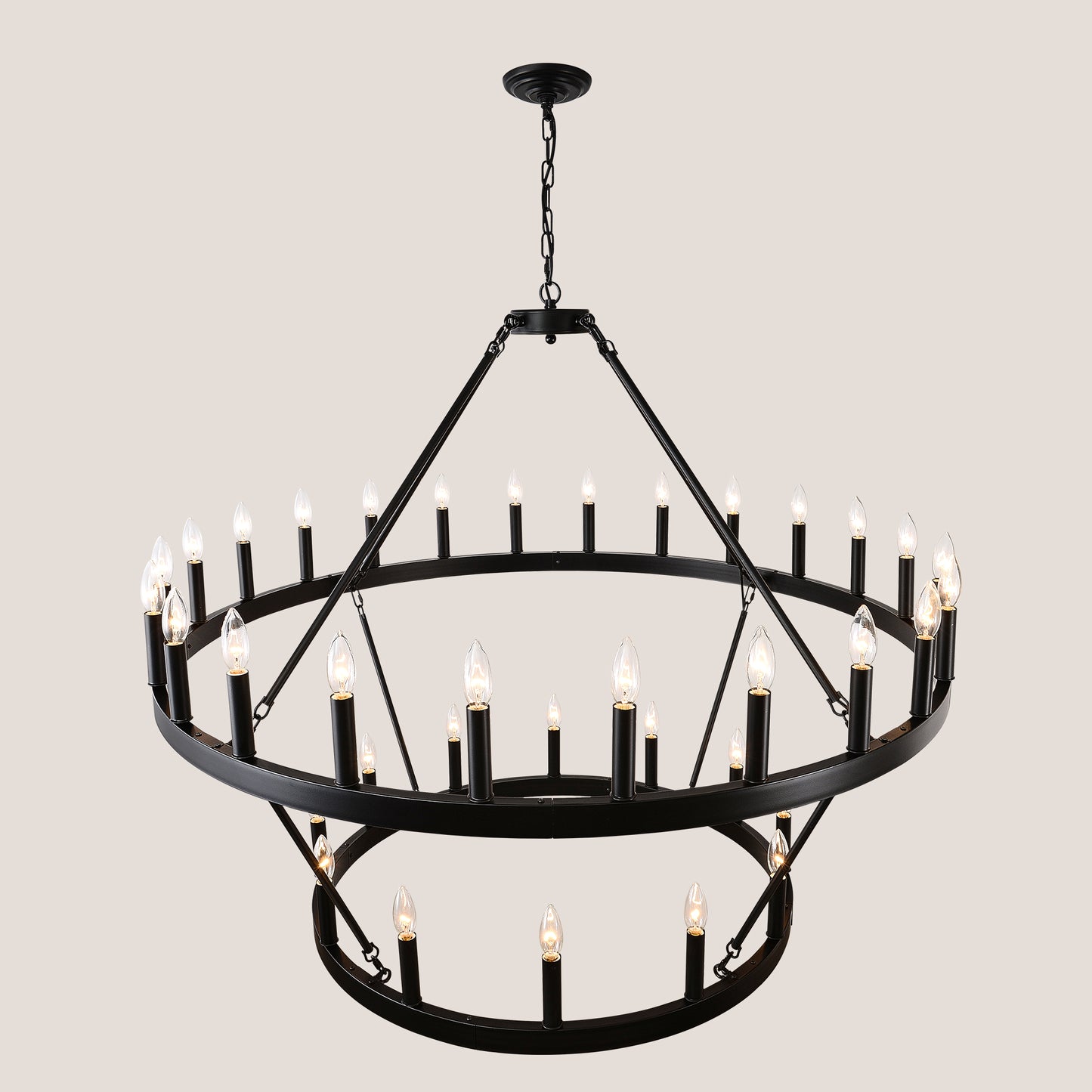2 Tiers Wagon Wheel Chandelier Wooden Farmhouse 36-Light Black Metal Chandeliers 2-Story Light Fixtures Industrial For High Ceiling Living Dining Room Foyer. Adjustable Height