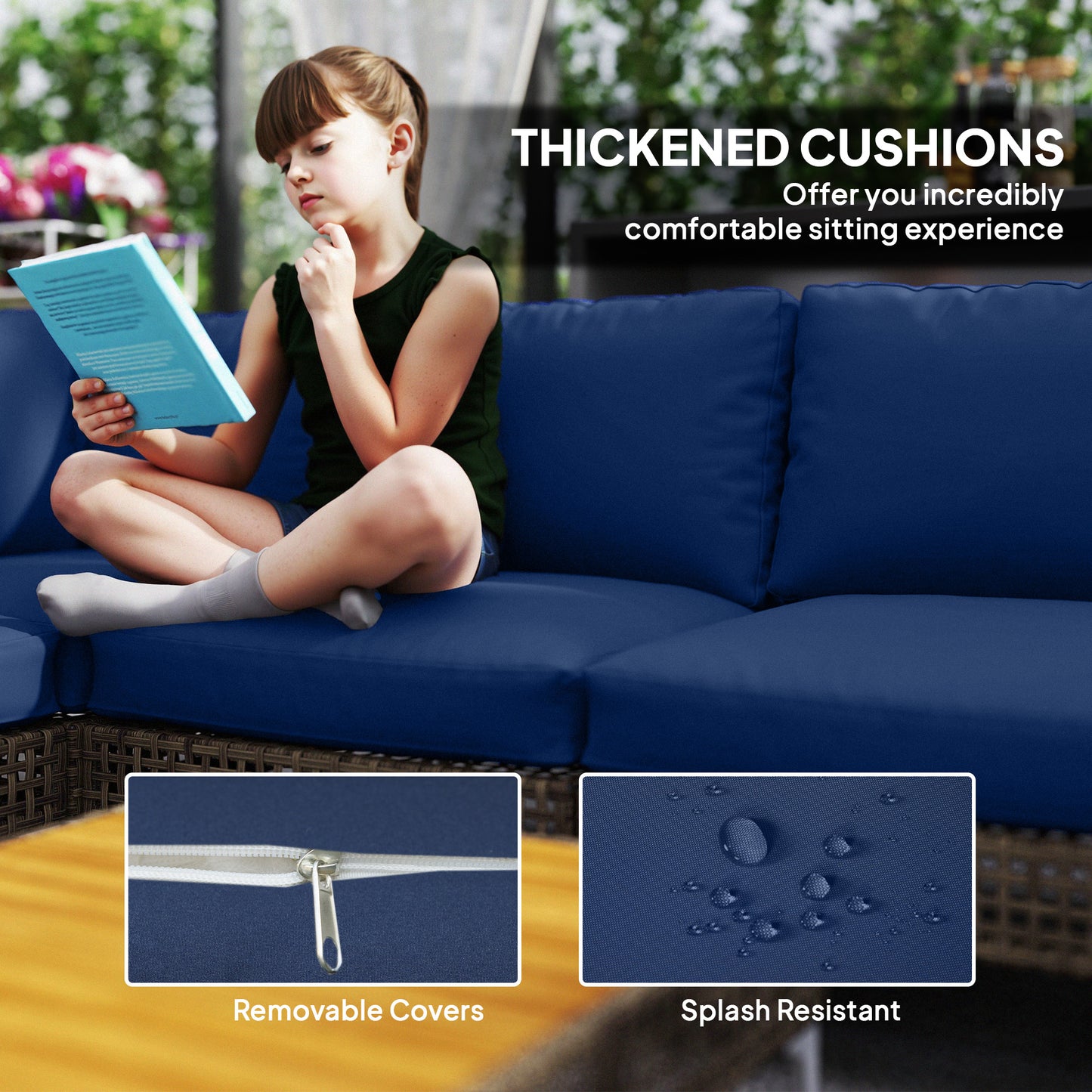 7 Piece Wicker Patio Furniture Set, Modular Outdoor Sectional with Thickened Cushions, Acacia Wood Table, Brown/Blue