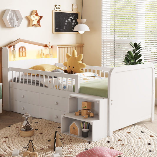 Low Loft Bed With LED Lights, Wooden Twin Loft Bed With House Shape Headboard, Kids Loft Bed With Storage Drawers, White Expect Arrival Date 2025 1 20