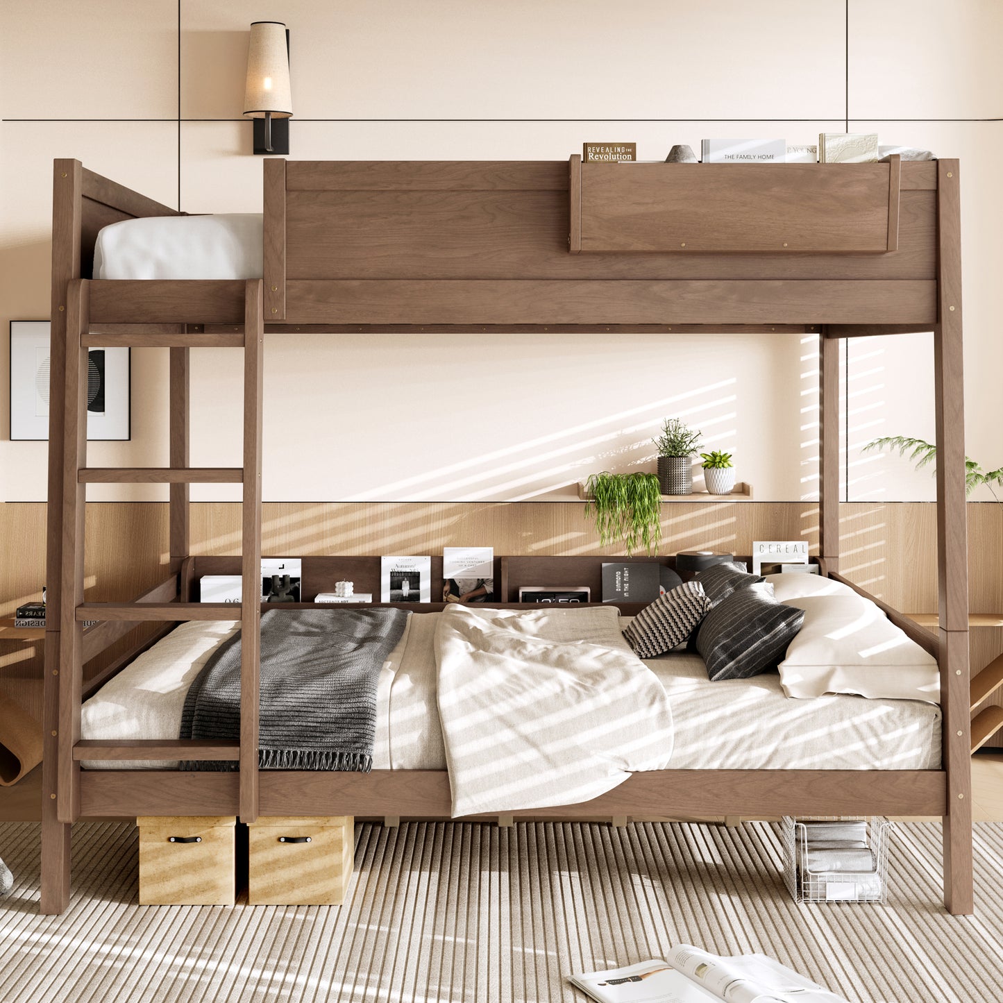 Queen Bunk Bed With  Storage Shelf And Bookshelf,Wood Bunk Bed With Ladder And Guardrails,Detachable Design,Vintage Wood.
