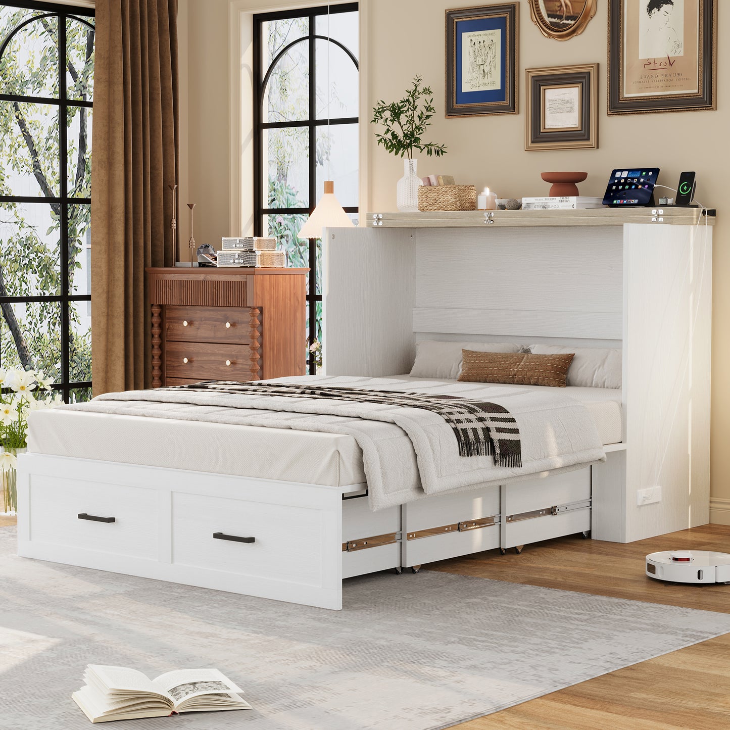 Full Size Farmhouse Murphy Cabinet Bed With Charging Station, Foldable Platform Bed With Large Storage Drawer For Guest-Room, Small Bedroom, White