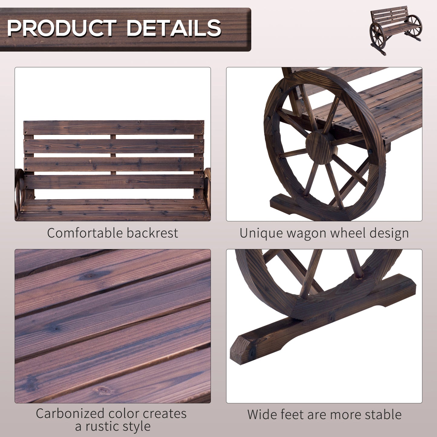41" Wooden Wagon Wheel Bench, Rustic Outdoor Patio Weather Resistance Furniture, 2-Person Slatted Seat Bench With Backrest, Carbonized