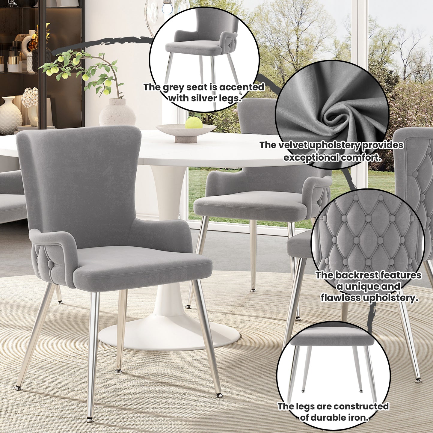 Velvet Dining Chair, Set Of 6, Luxurious Living Room Bedroom Lounge Chair With Four Silver-colored Metal Support Legs, Grey