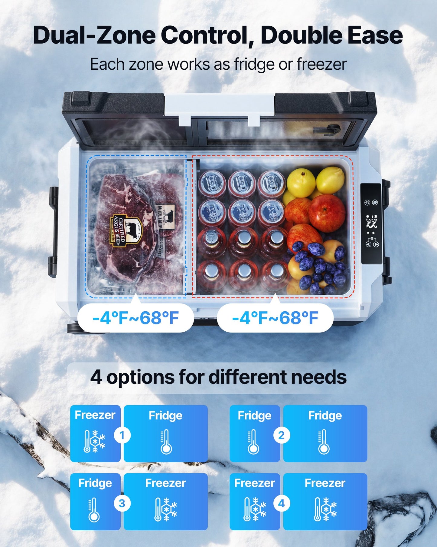 Car Refrigerator, DC 12/24V AC100-240V Compressor Electric Cooler,  -4°F To 68°F Truck Refrigerator With APP Control, Wheels & Dual Zone, 58 QT Cars Cooler For RVs, Boats, Camping, Fishing