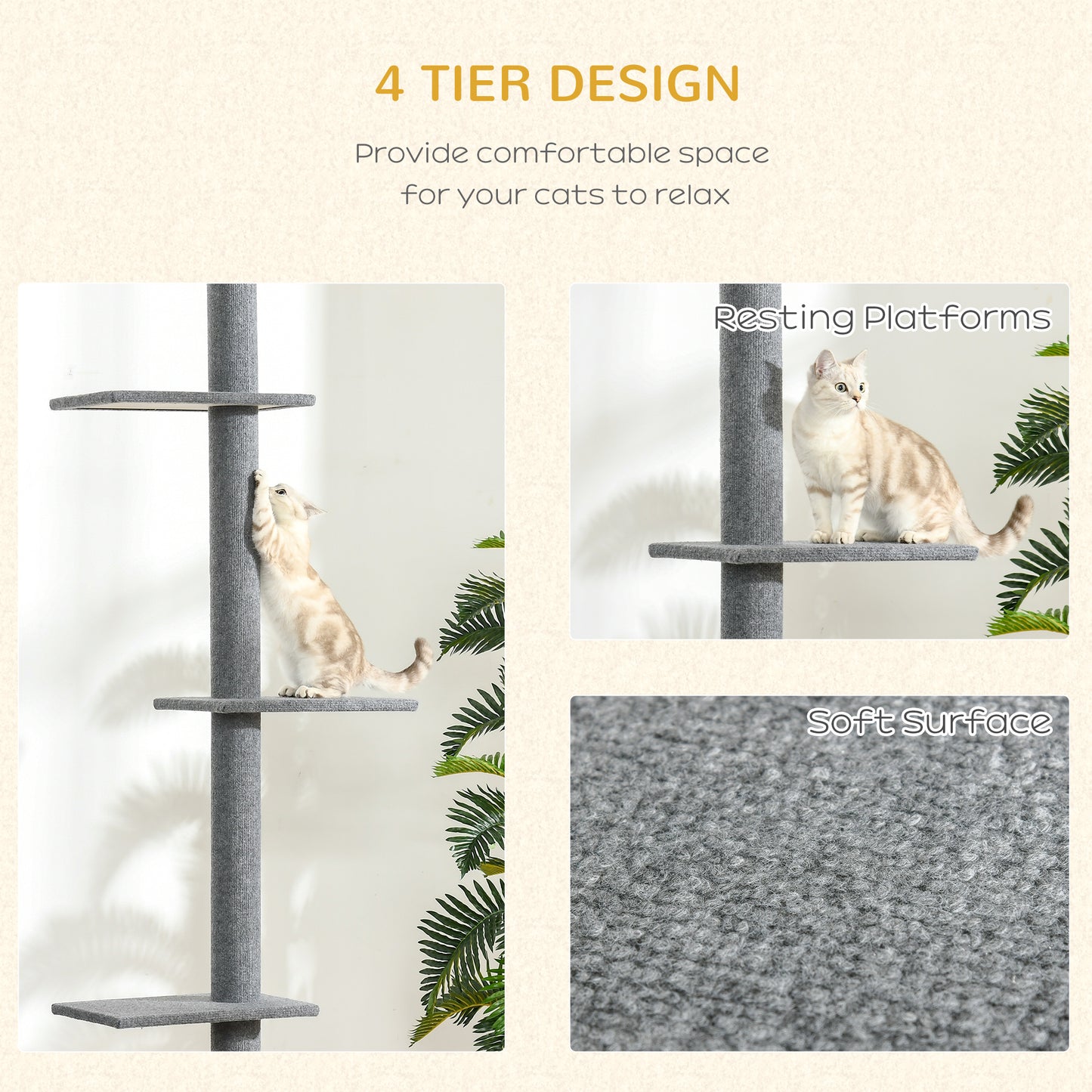 Floor-to-Ceiling Cat Tree Cat Climbing Tower with Sisal-Covered Scratching Posts Natural Cat Tree Activity Center for kittens Cat tower furniture