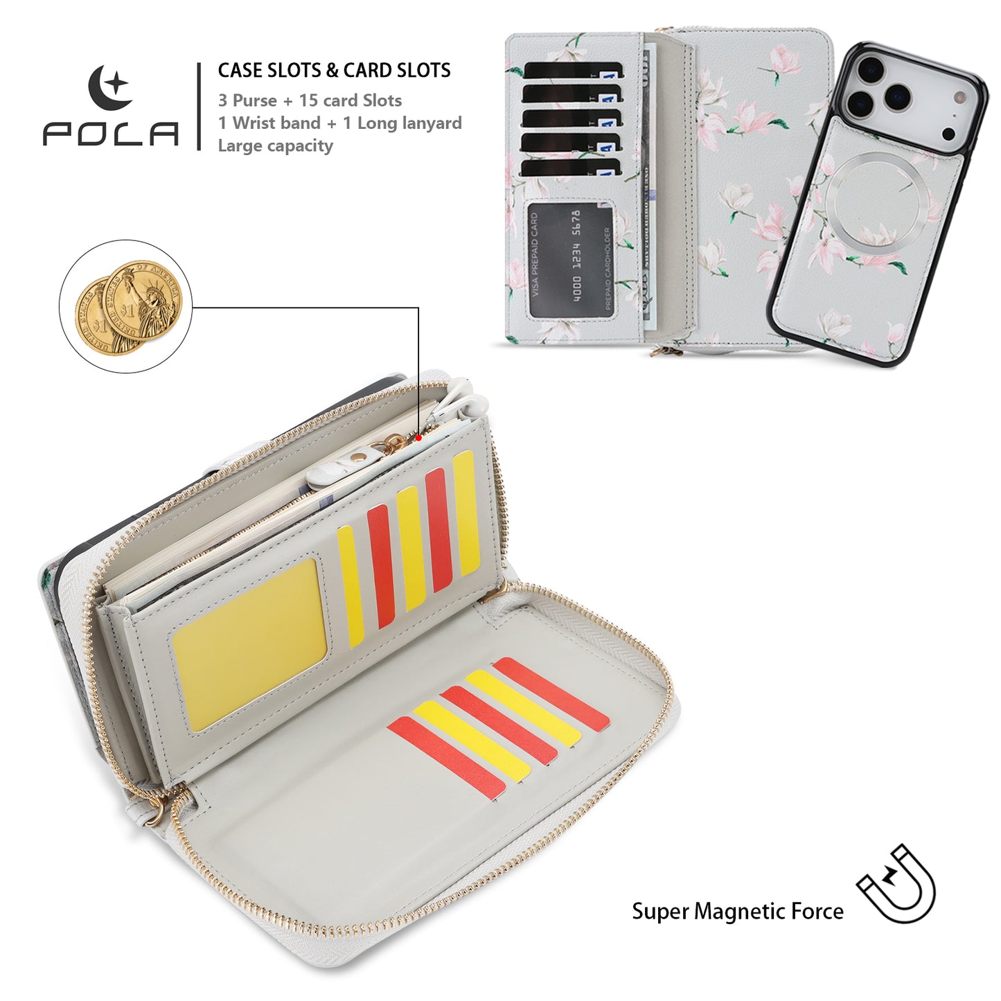 Crossbody Wallet Case For Phone 17 Pro Max 6.9 Inch Magnetic Detachable Floral PU Leather Phone Case With RFID Blocking Card Holder Wristlet Mirror Flip Zipper Shoulder Purse For Women