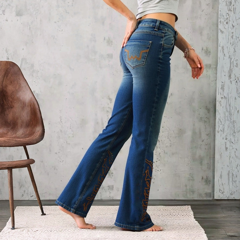Embroidered Flared Jeans, High-Waist Bootcut Jeans, Women's Denim Style, Vintage Stretch Pants, Western Retro Flared Pants