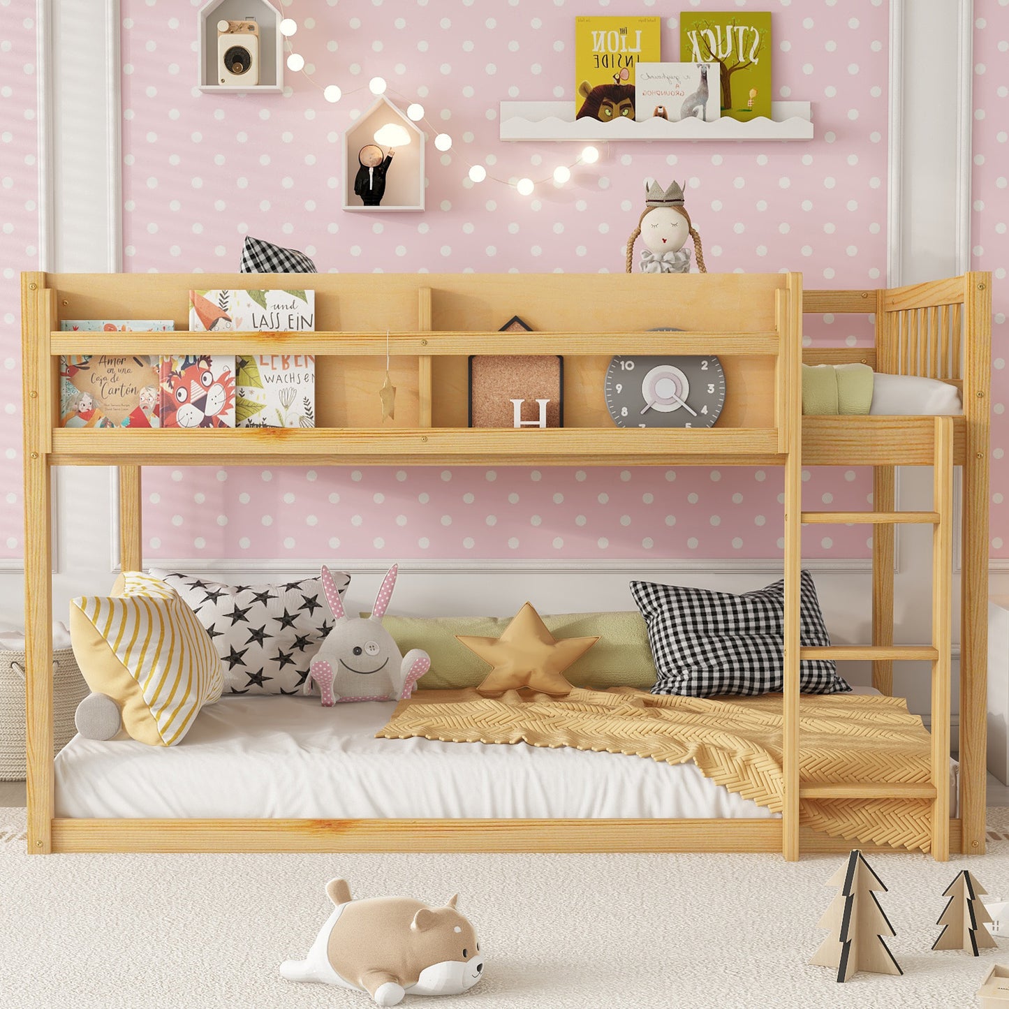 Low Twin Over Twin Bunk Bed, Floor Bunk Bed With Ladder, Solid Wood Twin Bunk Bed For Kids & Juniors, NaturalExpect Arrival Date 2025 11 25