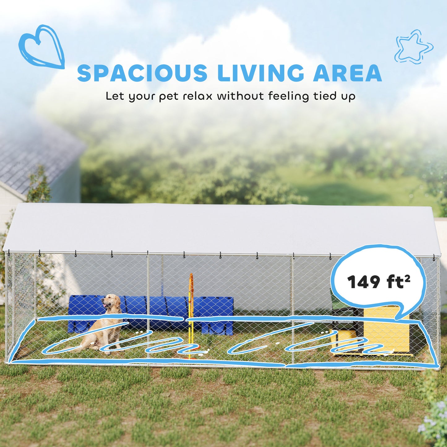20' x 7.5' x 6.5' Dog Kennel Outdoor for Small Medium Large Dogs with Waterproof Roof, Silver