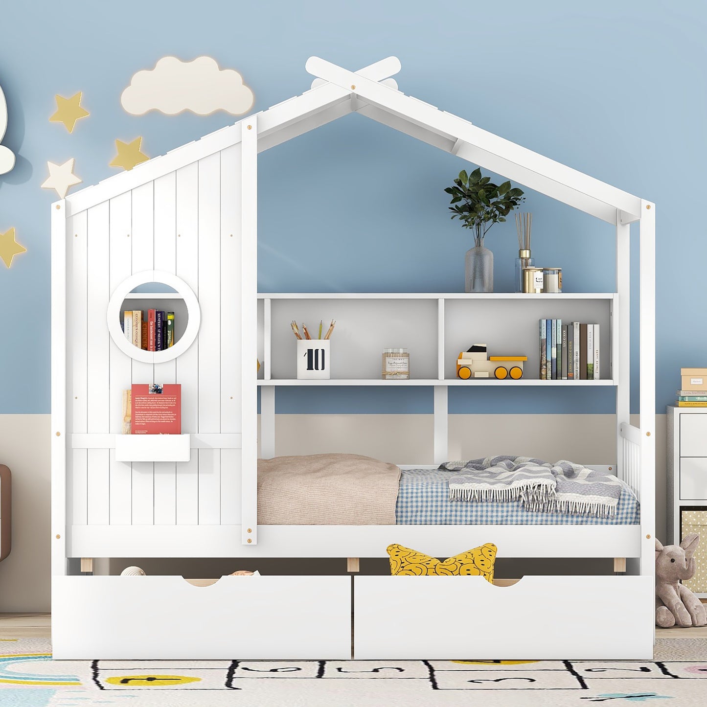 Wooden Twin Size House Bed With 2 Drawers,Kids Bed With Storage Shelf, White