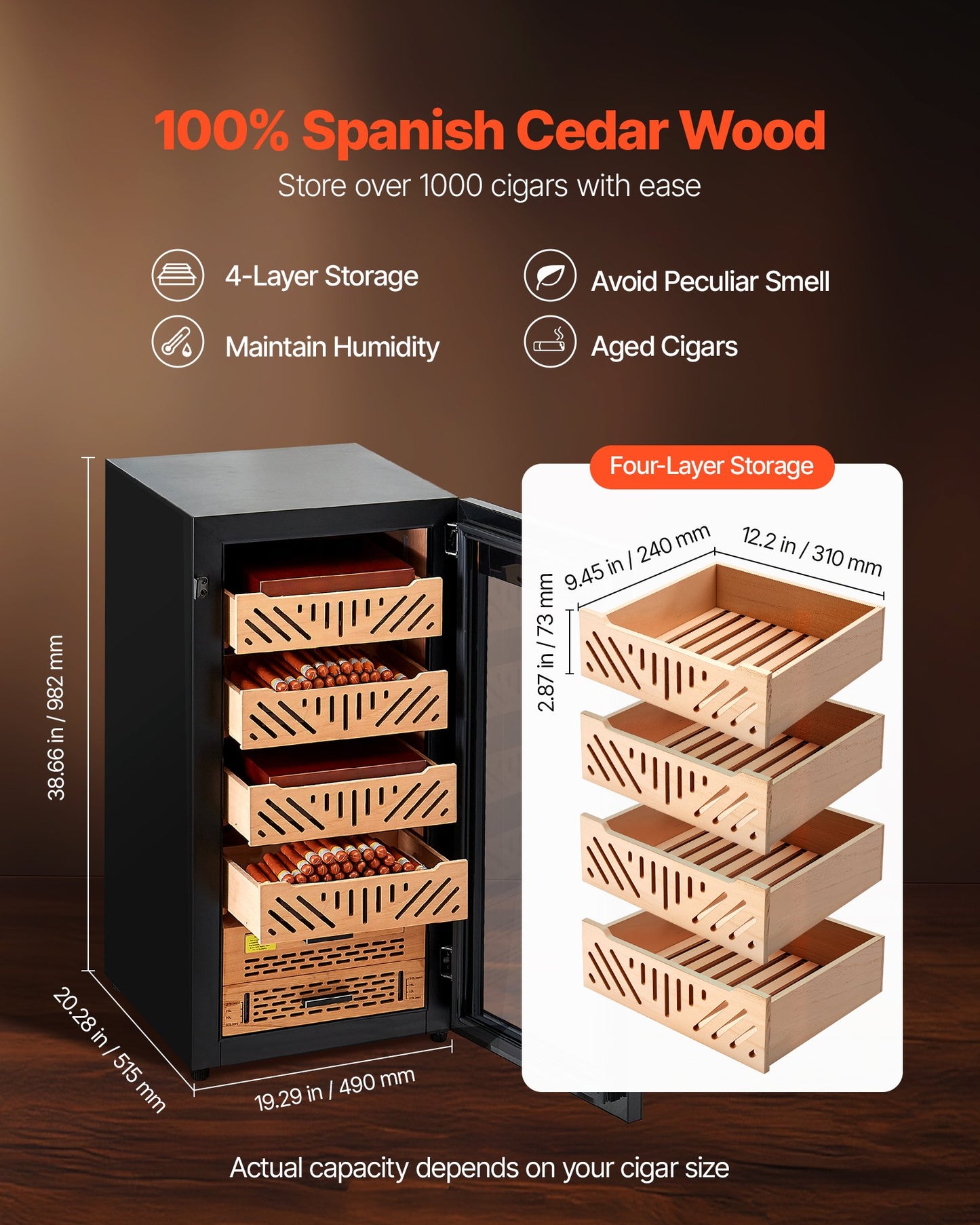 105L Electric Cigar Humidor Cooler Cabinet 1000 Counts With Compressor Cooling