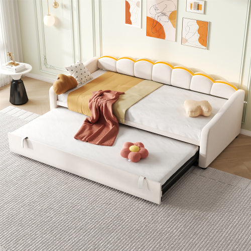 Upholstered Bed 90x190cm, Daybed, Sofa Bed With RGB LED Lighting, 3ft Petal Shape Single Bed With Trundle,Pull Out Trundle Bed For Living Room BedroomStudy Room, Velvet, Beige